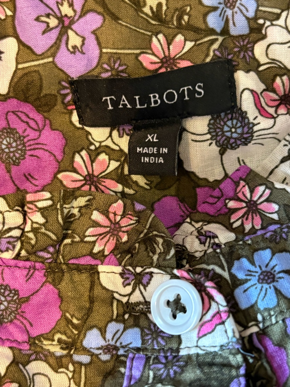 Talbots Floral Button-Front Ruffled Collar Blouse – Purple, Cream & Brown - Picture 2 of 12